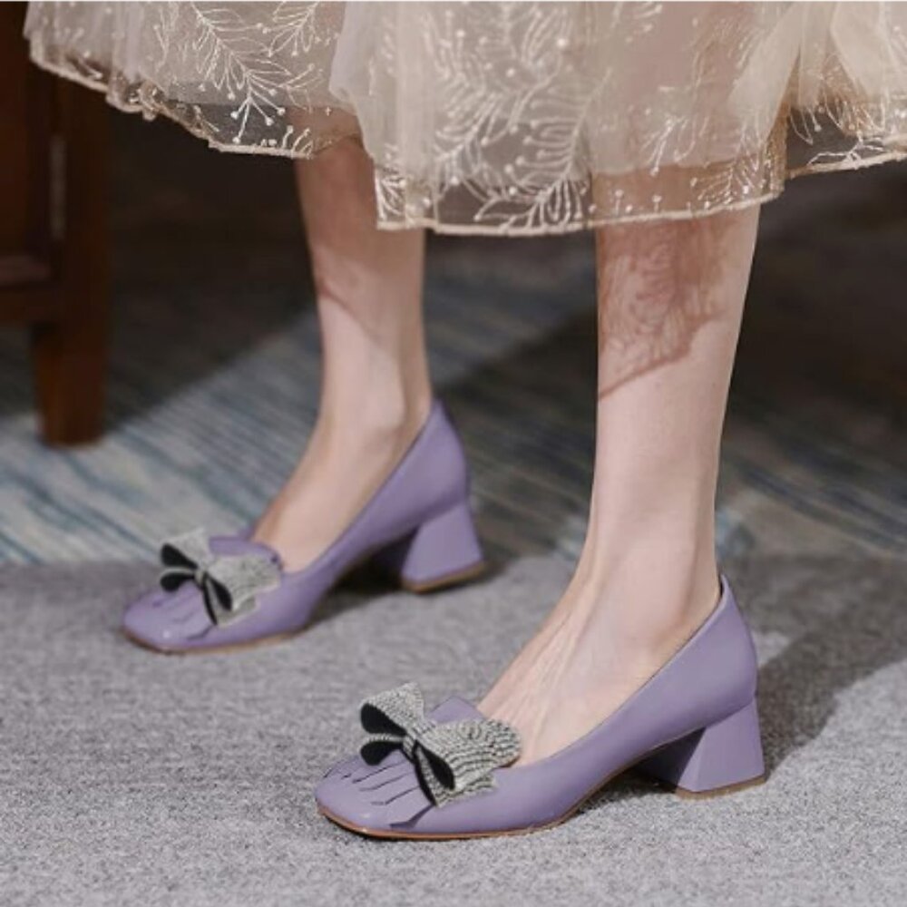 YDN Light Purple Squares Toe Tassel Pumps Rhinestone Bow Chunky Low Heels Shoes